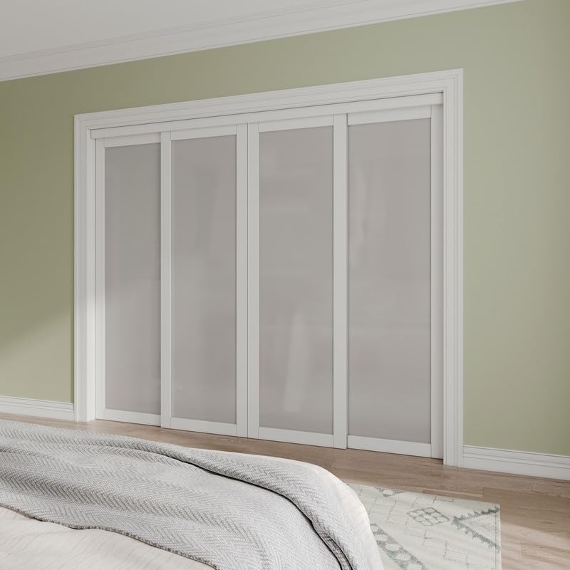 Sliding Closet Door Interior Doors with Hardware Kit & Floor Guide, Tempered Frosted Glass Door Pre-Drilled Easy Instal