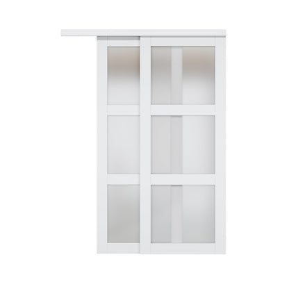 Sliding Closet Door Interior Doors with Hardware Kit & Floor Guide, 3-Lite Tempered Frosted Glass Door Pre-Drilled Easy Install