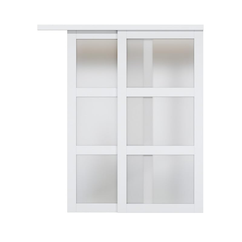 Sliding Closet Door Interior Doors with Hardware Kit & Floor Guide, 3-Lite Tempered Frosted Glass Door Pre-Drilled Easy Install