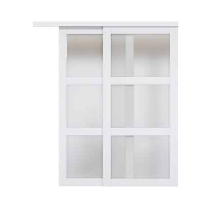 Sliding Closet Door Interior Doors with Hardware Kit & Floor Guide, 3-Lite Tempered Frosted Glass Door Pre-Drilled Easy Install