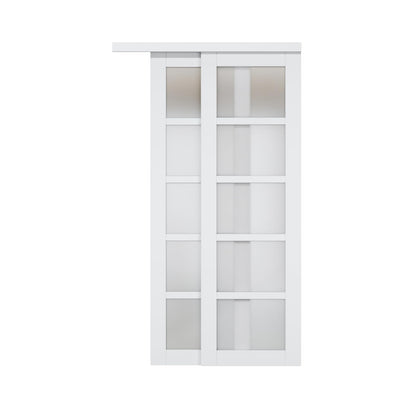 Paintable Sliding Closet Door Interior Doors with Hardware Kit & Floor Guide, 5-Lite Tempered Frosted Glass Door Pre-Drilled Easy Install