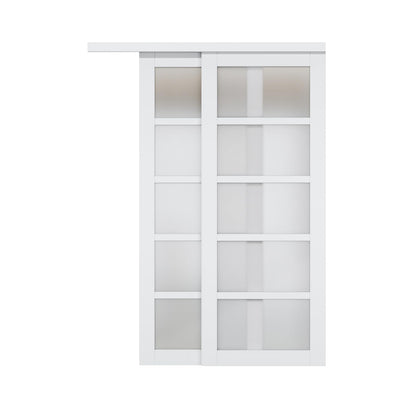 Paintable Sliding Closet Door Interior Doors with Hardware Kit & Floor Guide, 5-Lite Tempered Frosted Glass Door Pre-Drilled Easy Install