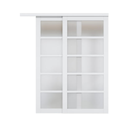 Paintable Sliding Closet Door Interior Doors with Hardware Kit & Floor Guide, 5-Lite Tempered Frosted Glass Door Pre-Drilled Easy Install