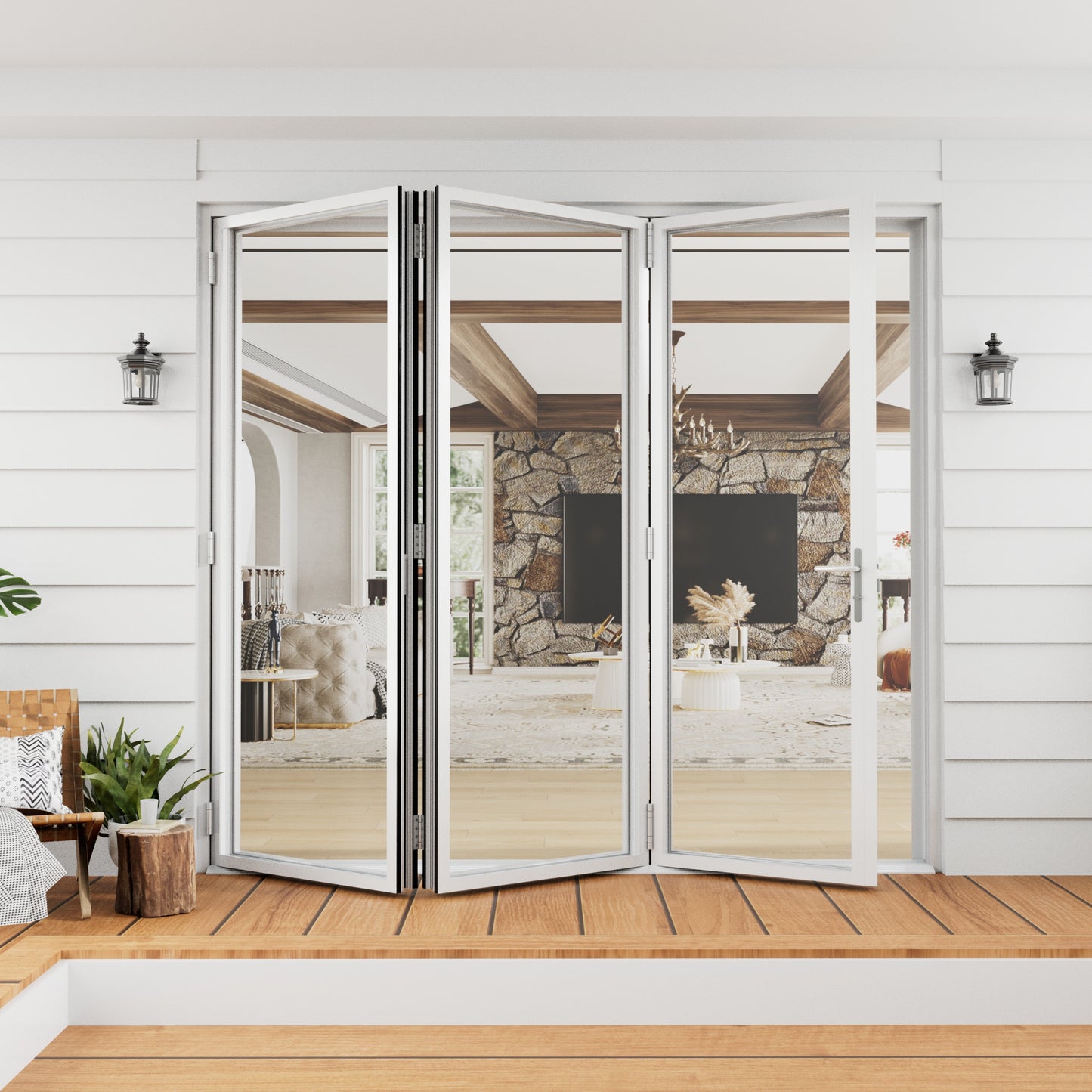 Jujubon 3 Panel Center Opening Outswing Double Tempered Glass White Aluminum Folding Patio Door