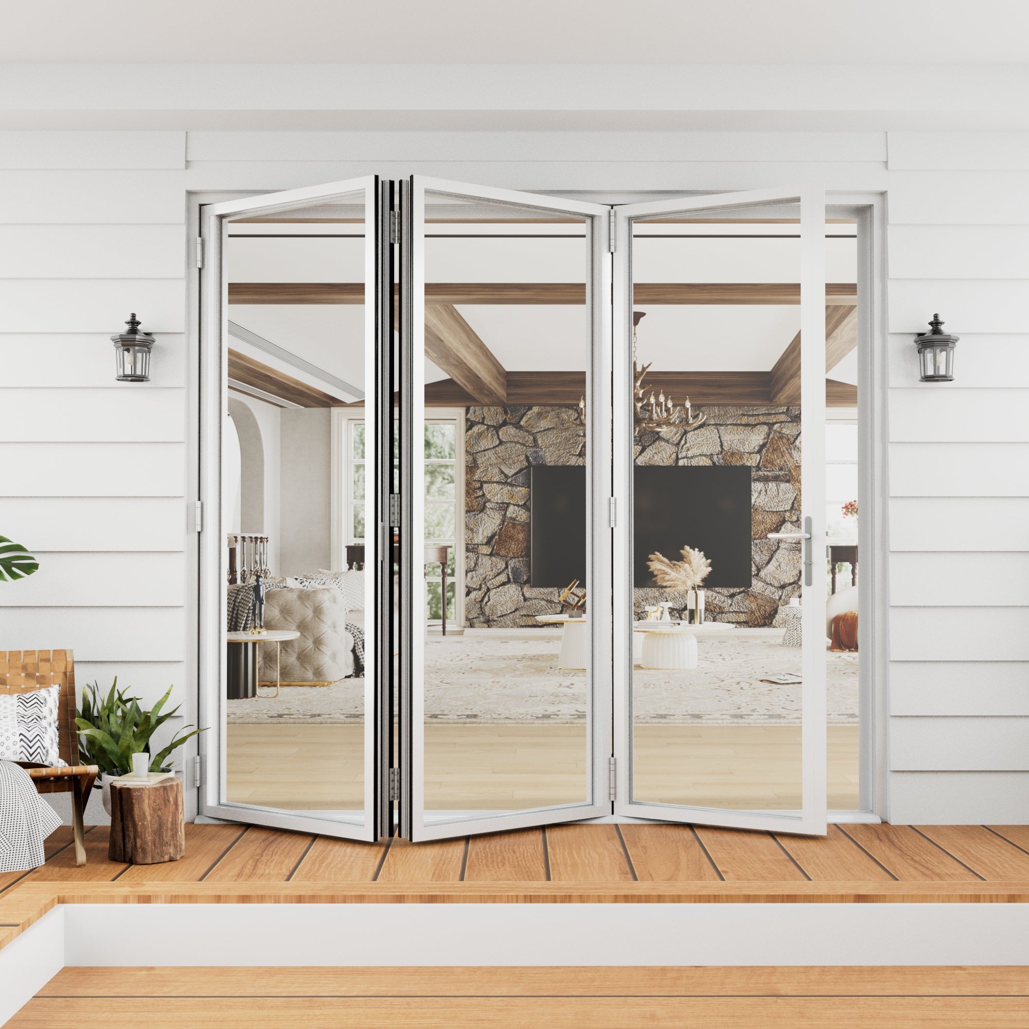 Jujubon 3 Panel Center Opening Outswing Double Tempered Glass White Aluminum Folding Patio Door