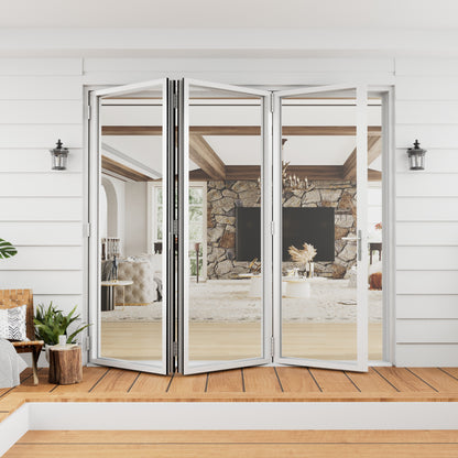 Jujubon 3 Panel Center Opening Outswing Double Tempered Glass White Aluminum Folding Patio Door