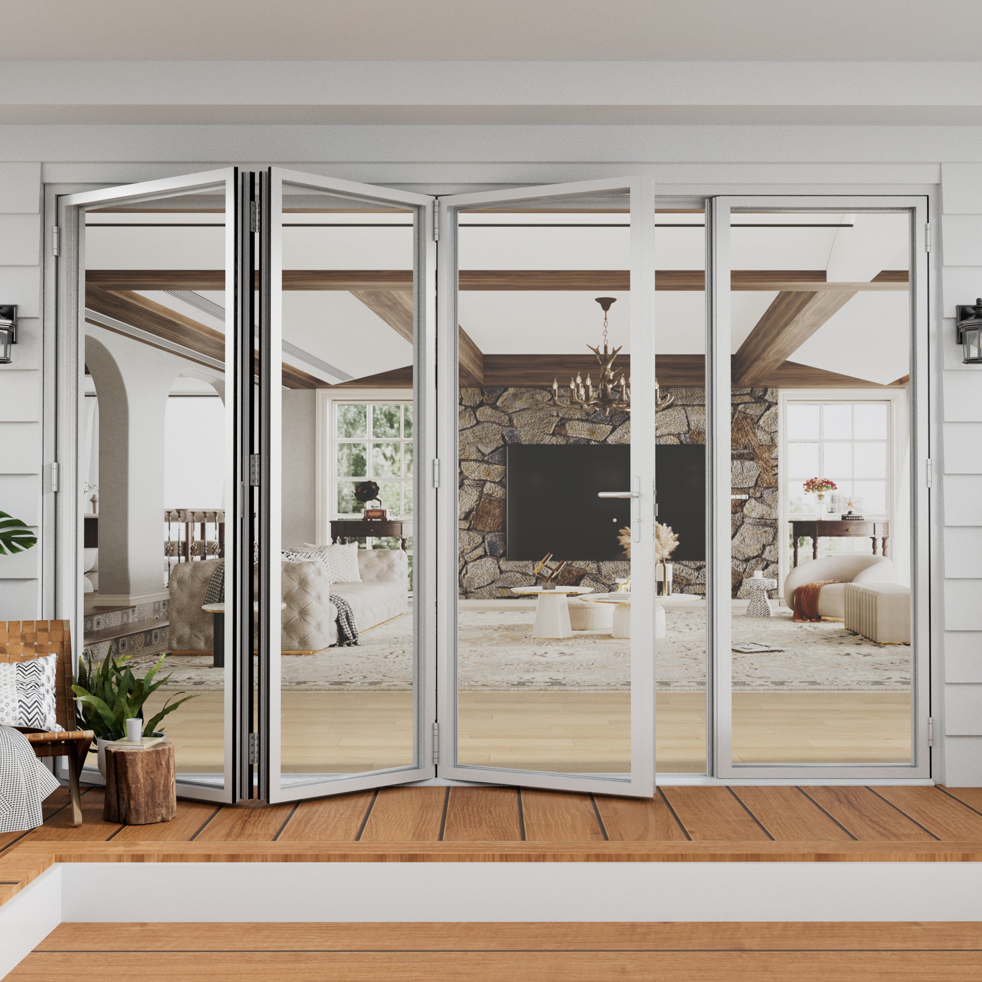 Jujubon 4 Panel Center Opening Outswing Double Tempered Glass White Aluminum Folding Patio Door