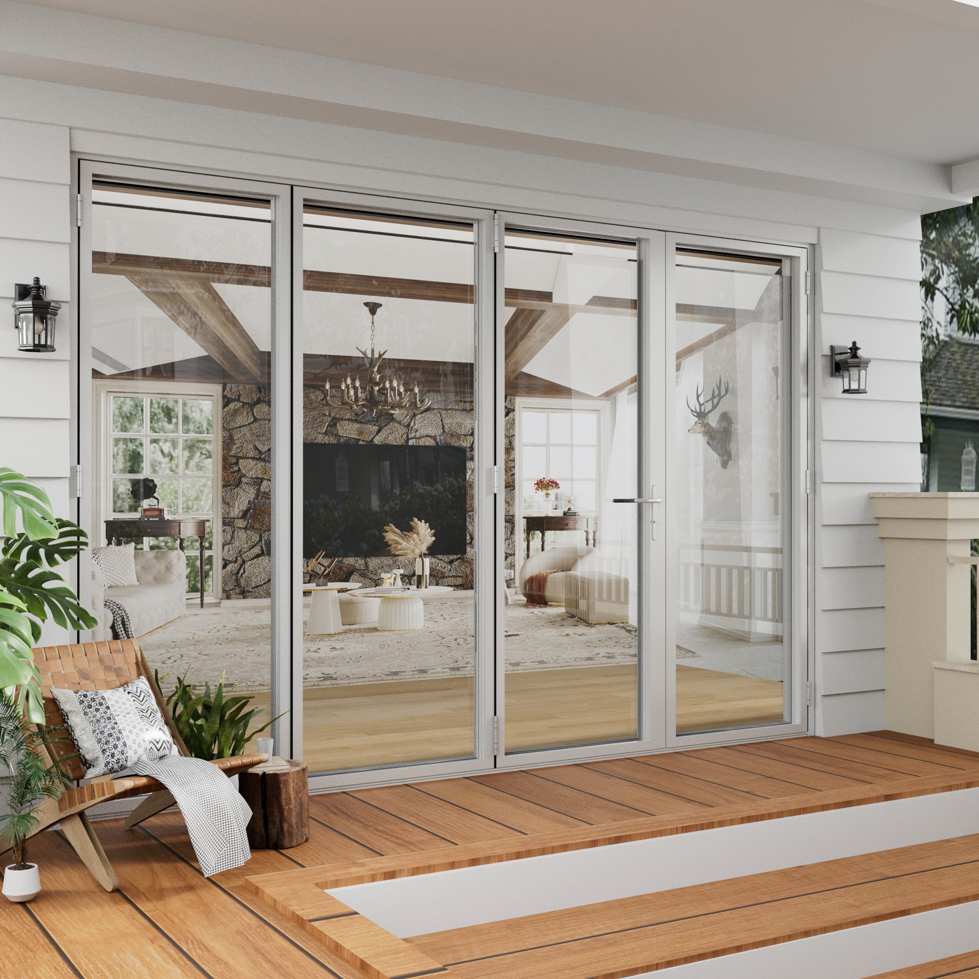 Jujubon 4 Panel Center Opening Outswing Double Tempered Glass White Aluminum Folding Patio Door
