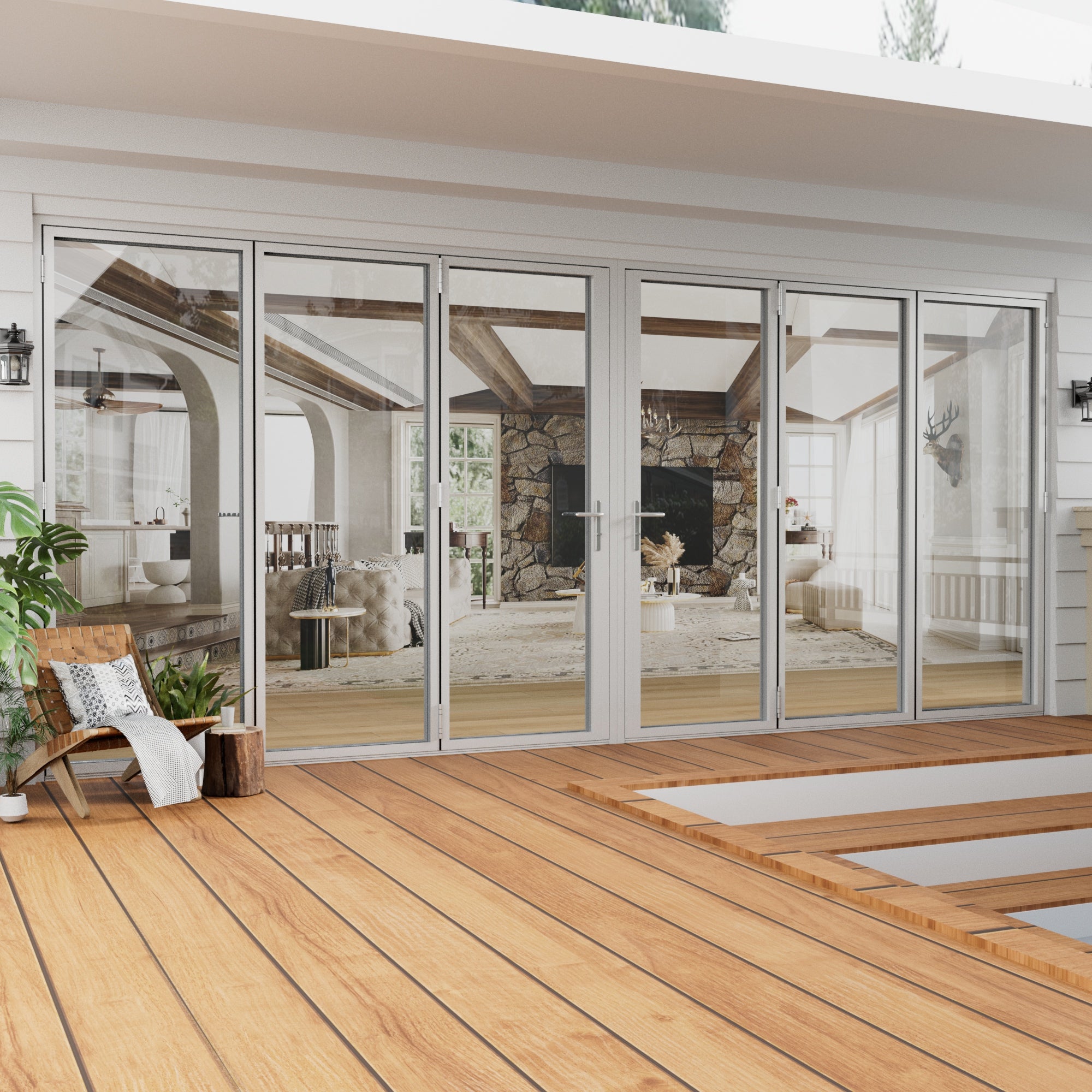 Jujubon 6 Panel Center Opening Outswing Double Tempered Glass White Aluminum Folding Patio Door