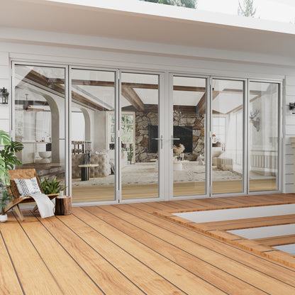 Jujubon 6 Panel Center Opening Outswing Double Tempered Glass White Aluminum Folding Patio Door