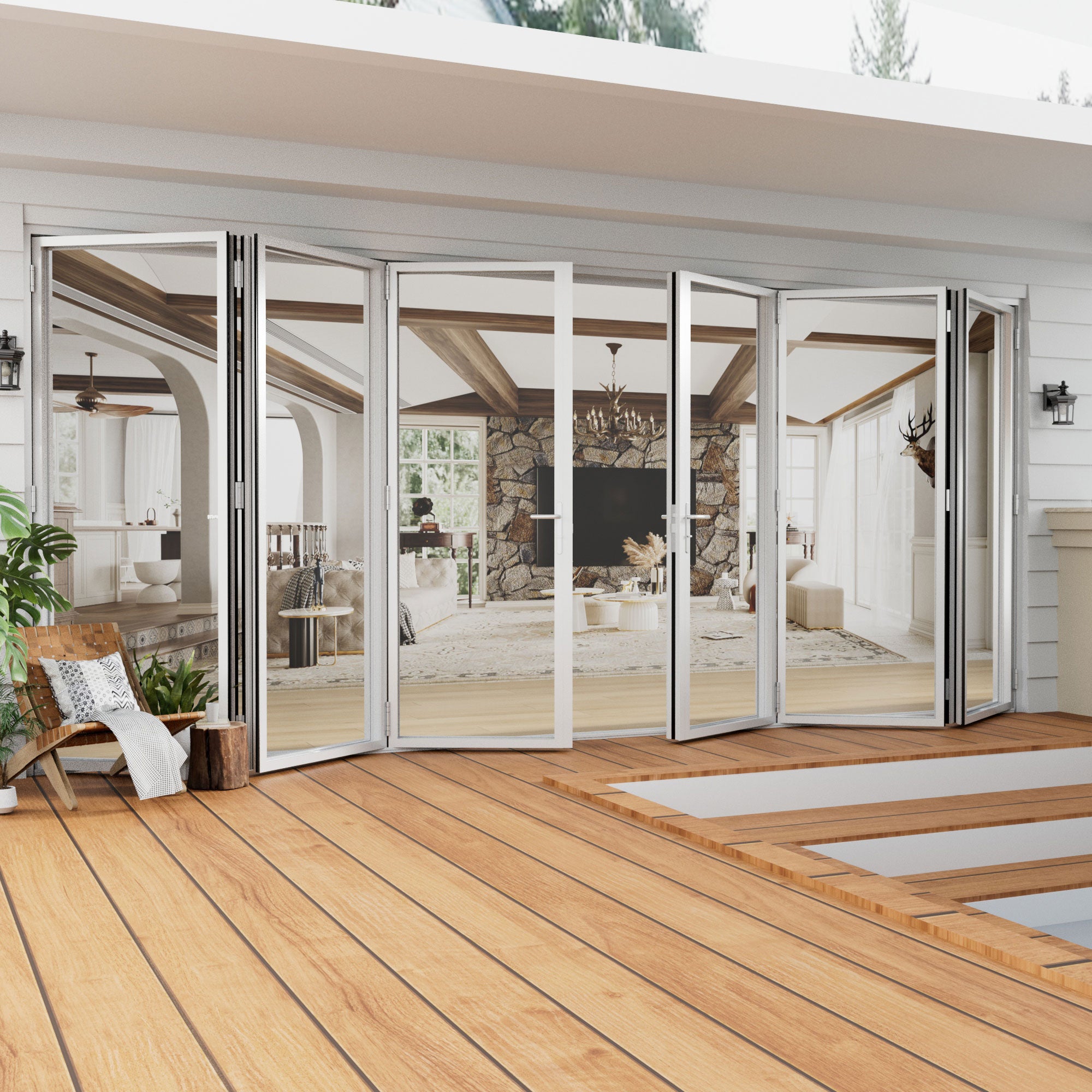 Jujubon 6 Panel Center Opening Outswing Double Tempered Glass White Aluminum Folding Patio Door