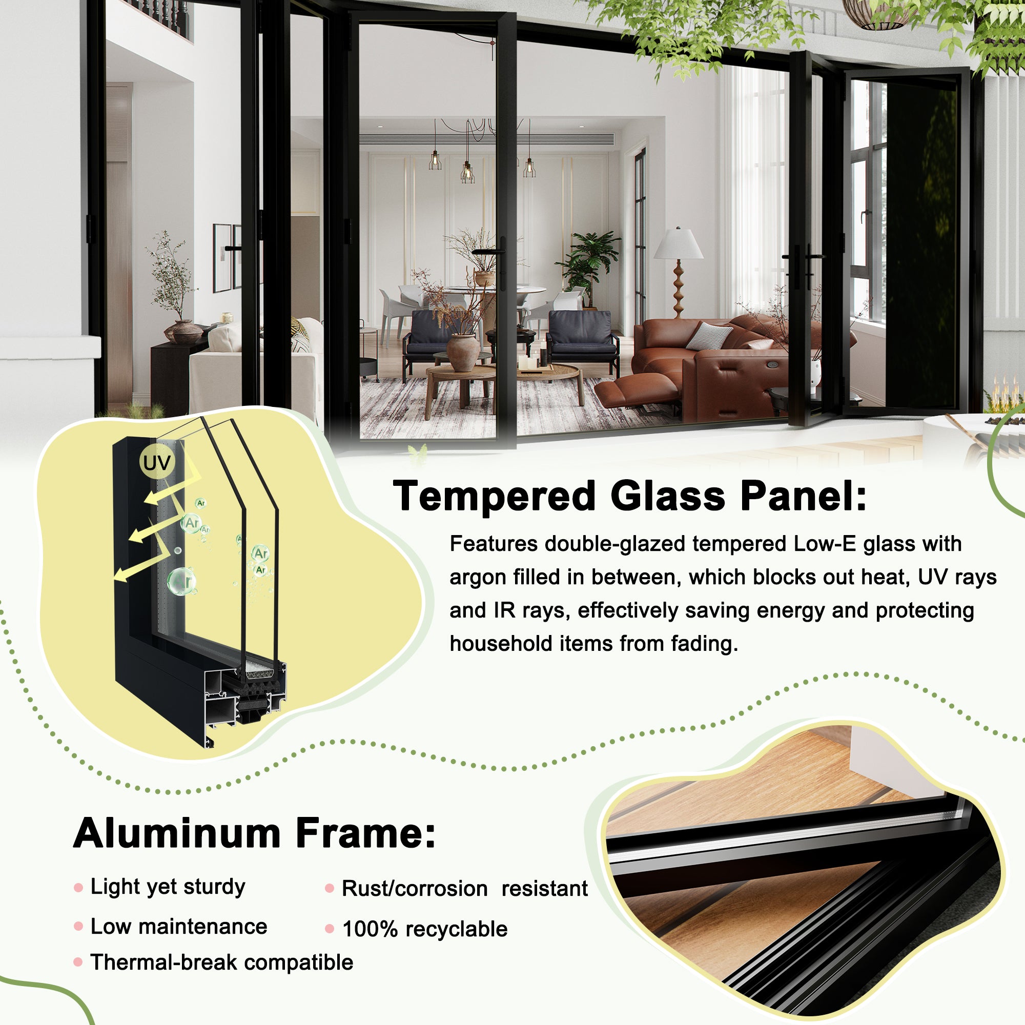 Jujubon Black 3 Panel Center Opening Outswing Double Tempered Glass Aluminum Folding Patio Door