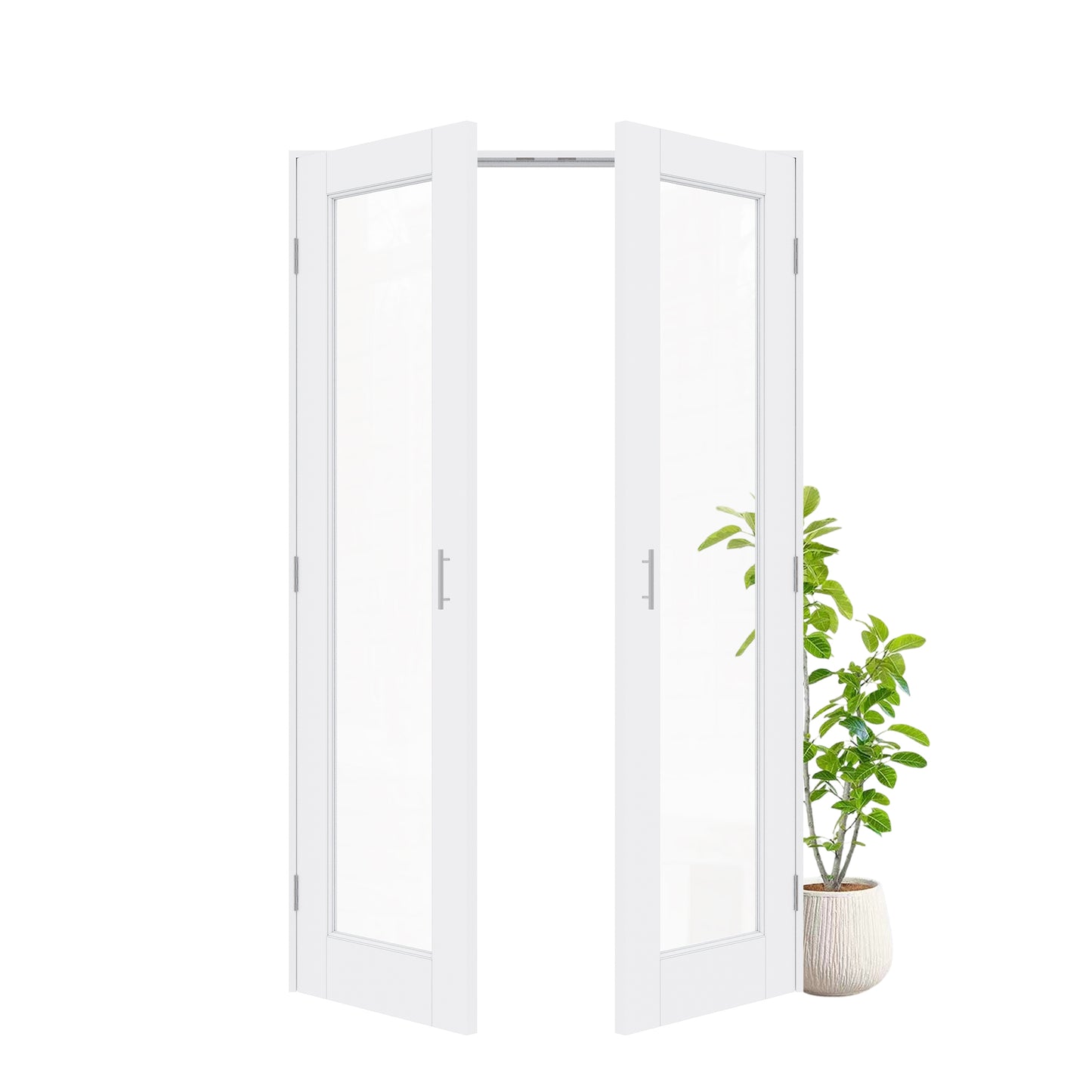 Jujubon 1-Lite Clear Glass White Solid Core Finished Glass French Door Panels Bi-Fold Door with Silver Ball Catch, with Ready-to-Assemble Jamb