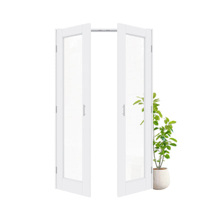Jujubon 1-Lite Clear Glass White Solid Core Finished Glass French Door Panels Bi-Fold Door with Silver Ball Catch, with Ready-to-Assemble Jamb