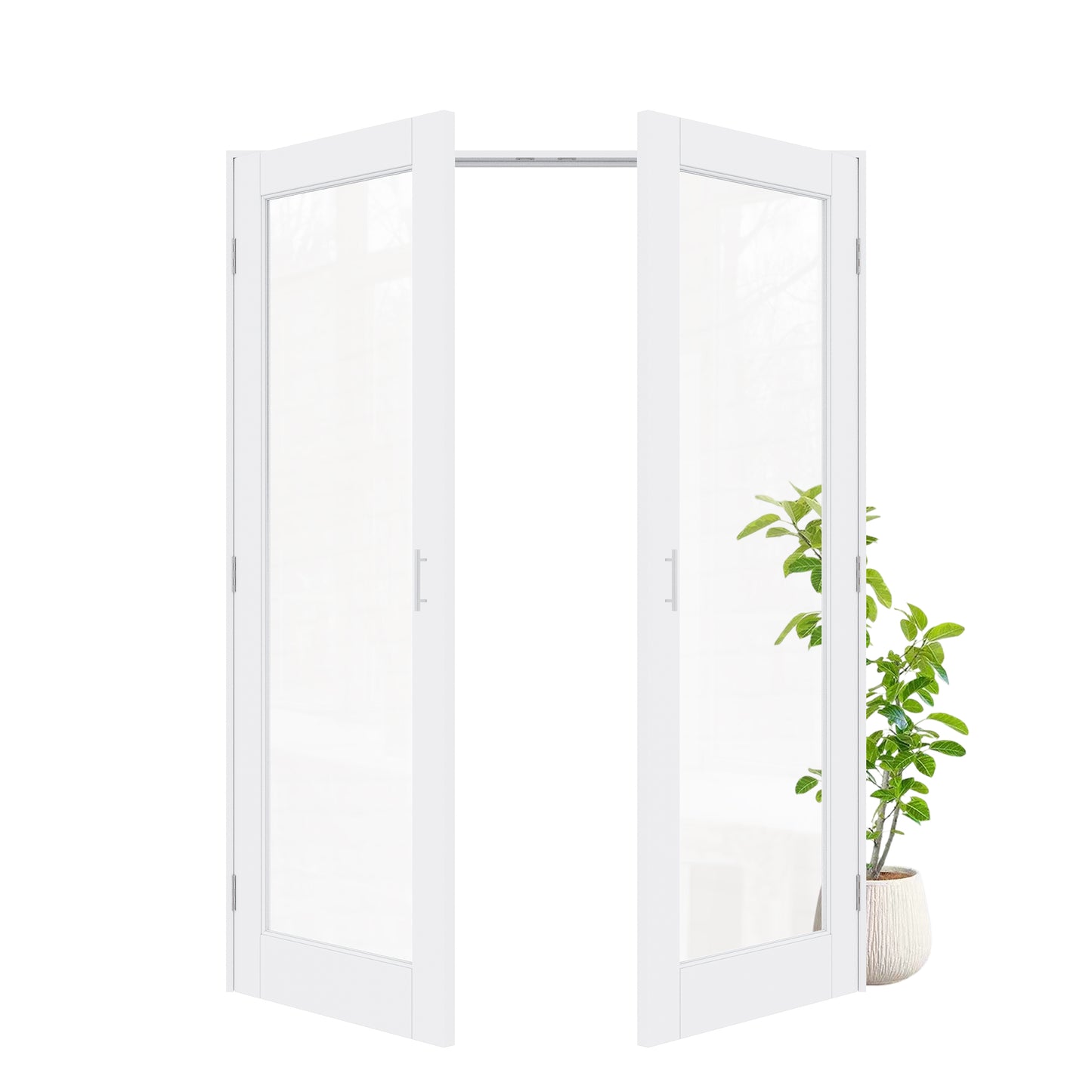 Jujubon 1-Lite Clear Glass White Solid Core Finished Glass French Door Panels Bi-Fold Door with Silver Ball Catch, with Ready-to-Assemble Jamb