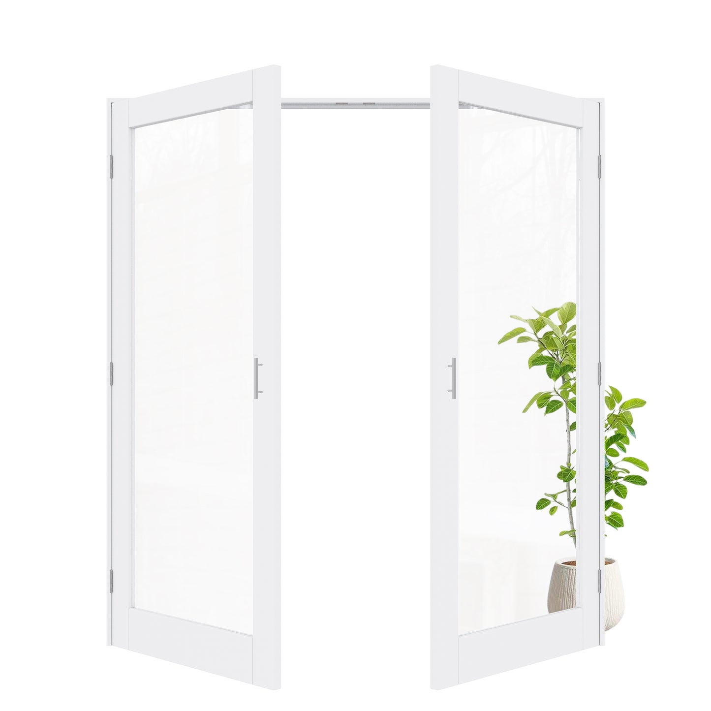 Jujubon 1-Lite Clear Glass White Solid Core Finished Glass French Door Panels Bi-Fold Door with Silver Ball Catch, with Ready-to-Assemble Jamb
