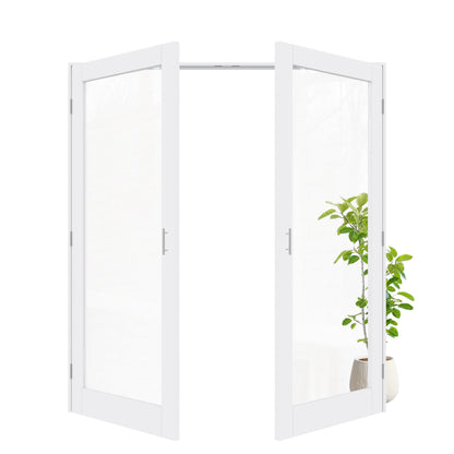 Jujubon 1-Lite Clear Glass White Solid Core Finished Glass French Door Panels Bi-Fold Door with Silver Ball Catch, with Ready-to-Assemble Jamb