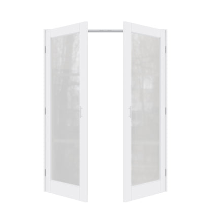 Jujubon 1-Lite Frosted Glass White Solid Core Finished Glass French Door Panels with Silver Ball Catch, with Ready-to-Assemble Jamb
