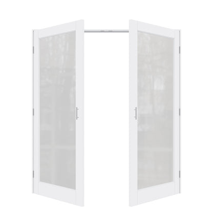 Jujubon 1-Lite Frosted Glass White Solid Core Finished Glass French Door Panels with Silver Ball Catch, with Ready-to-Assemble Jamb