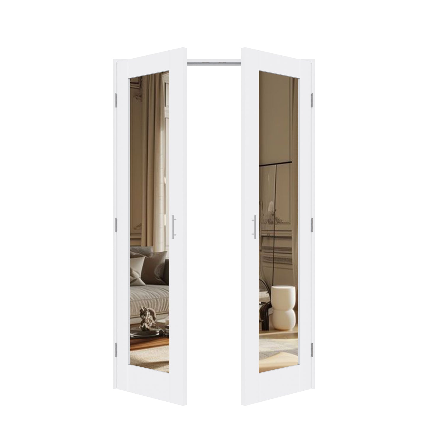 Jujubon 1-Lite One Side Mirror White Solid Core Finished Glass French Door Panels with Silver Ball Catch, with Ready-to-Assemble Jamb