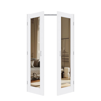 Jujubon 1-Lite One Side Mirror White Solid Core Finished Glass French Door Panels with Silver Ball Catch, with Ready-to-Assemble Jamb