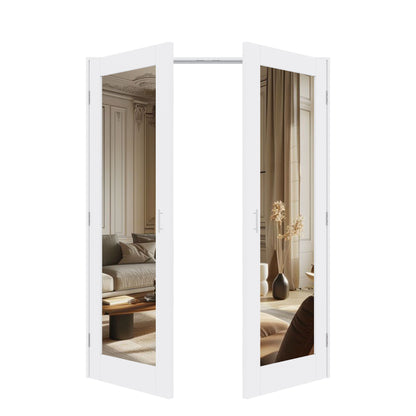 Jujubon 1-Lite One Side Mirror White Solid Core Finished Glass French Door Panels with Silver Ball Catch, with Ready-to-Assemble Jamb