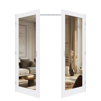 Jujubon 1-Lite One Side Mirror White Solid Core Finished Glass French Door Panels with Silver Ball Catch, with Ready-to-Assemble Jamb