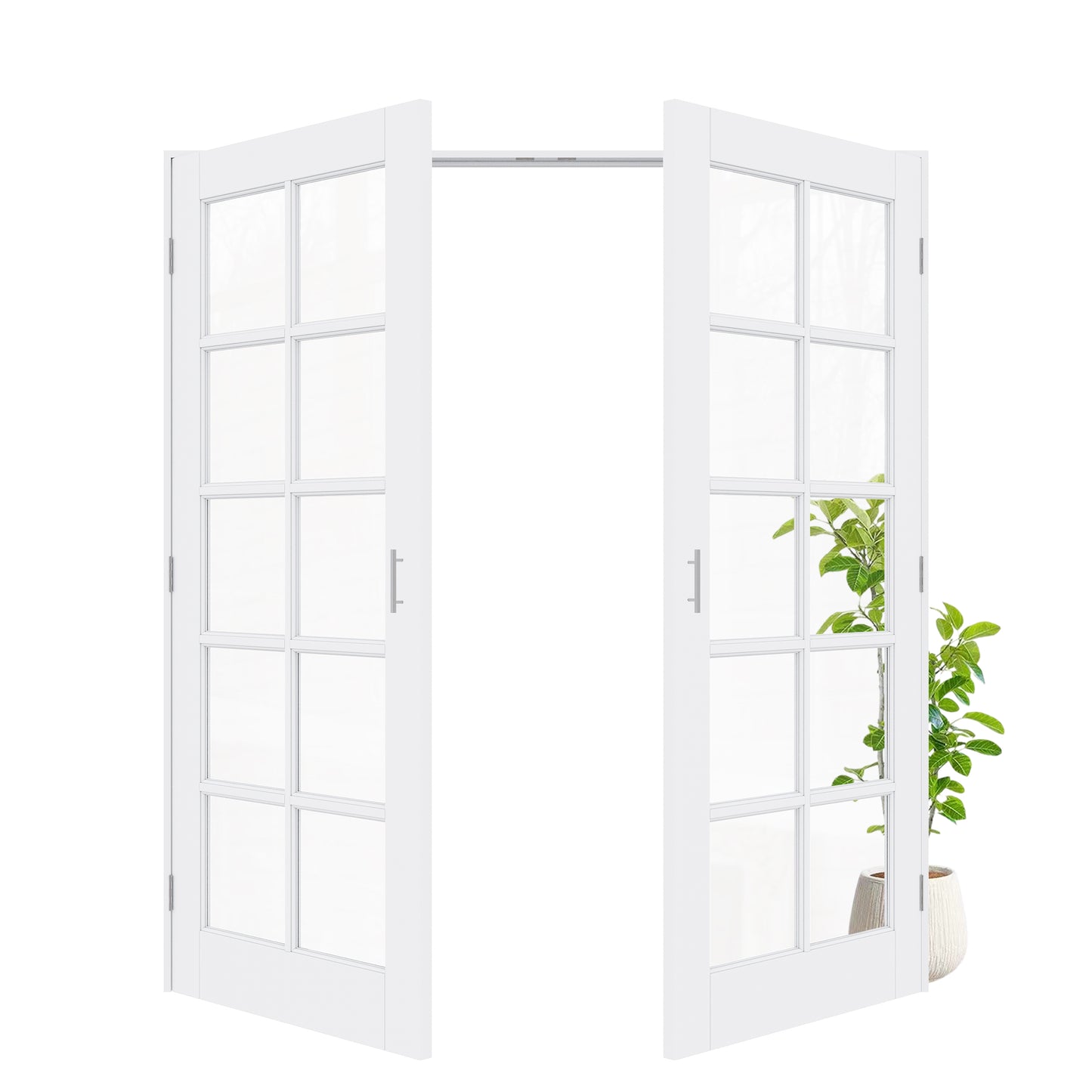 Jujubon 10-Lite Clear Glass White Solid Core Finished Glass French Door Panels with Silver Ball Catch, with Ready-to-Assemble Jamb
