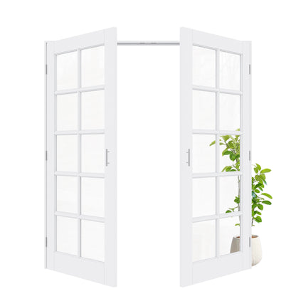 Jujubon 10-Lite Clear Glass White Solid Core Finished Glass French Door Panels with Silver Ball Catch, with Ready-to-Assemble Jamb