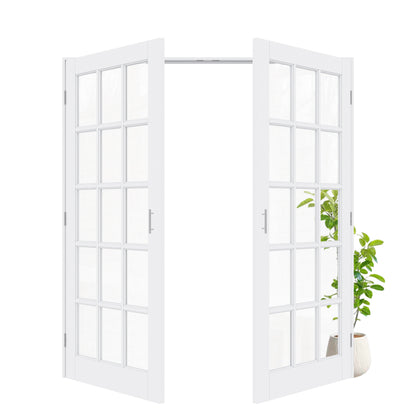 Jujubon 15-Lite Clear Glass White Solid Core Finished Glass French Door Panels with Silver Ball Catch, with Ready-to-Assemble Jamb