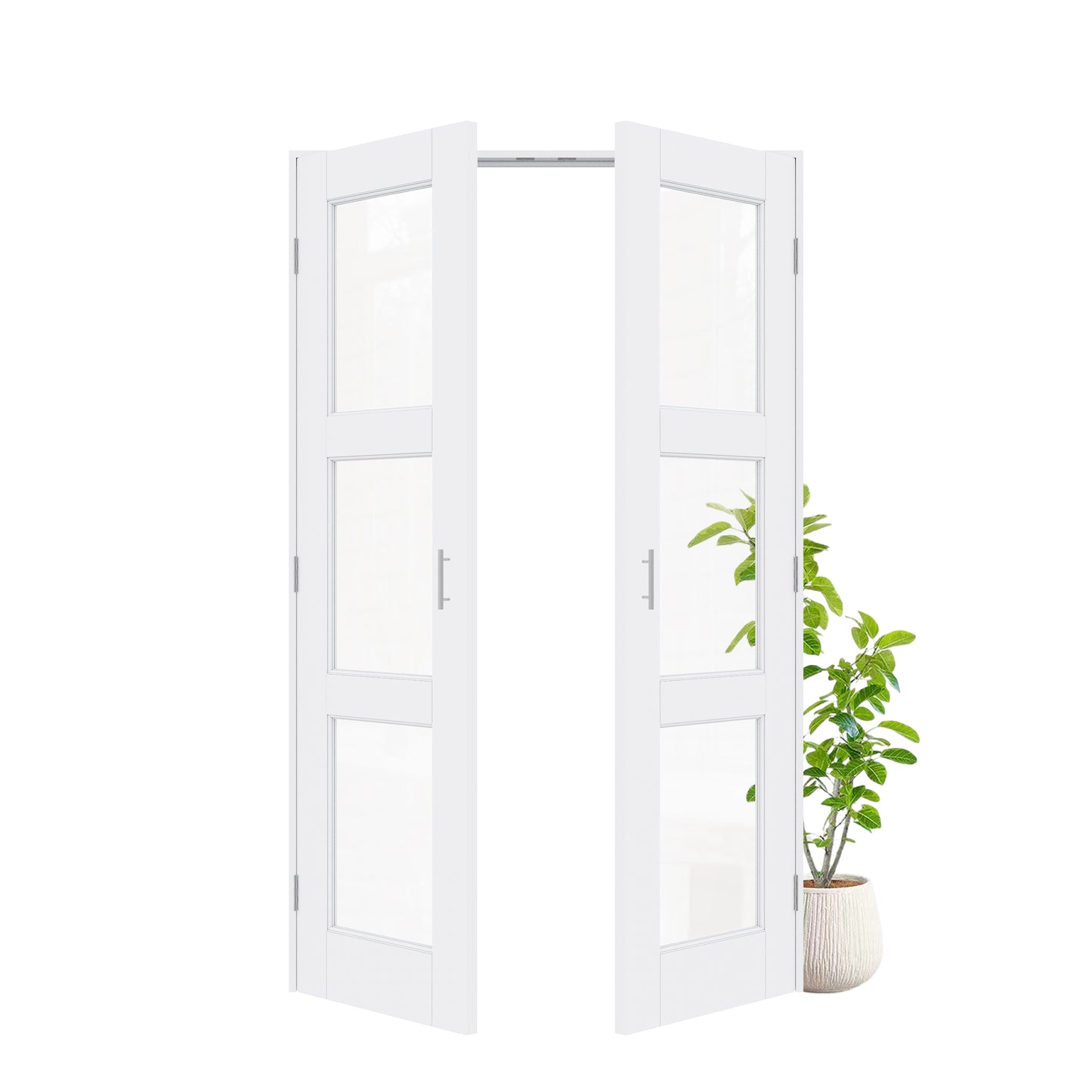 Jujubon 3-Lite Clear Glass White Solid Core Finished Glass French Door Panels with Silver Ball Catch, with Ready-to-Assemble Jamb