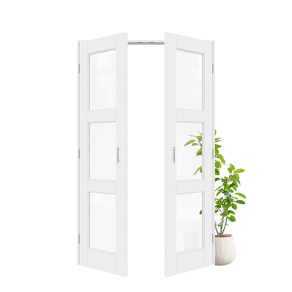 Jujubon 3-Lite Clear Glass White Solid Core Finished Glass French Door Panels with Silver Ball Catch, with Ready-to-Assemble Jamb