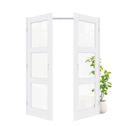 Jujubon 3-Lite Clear Glass White Solid Core Finished Glass French Door Panels with Silver Ball Catch, with Ready-to-Assemble Jamb