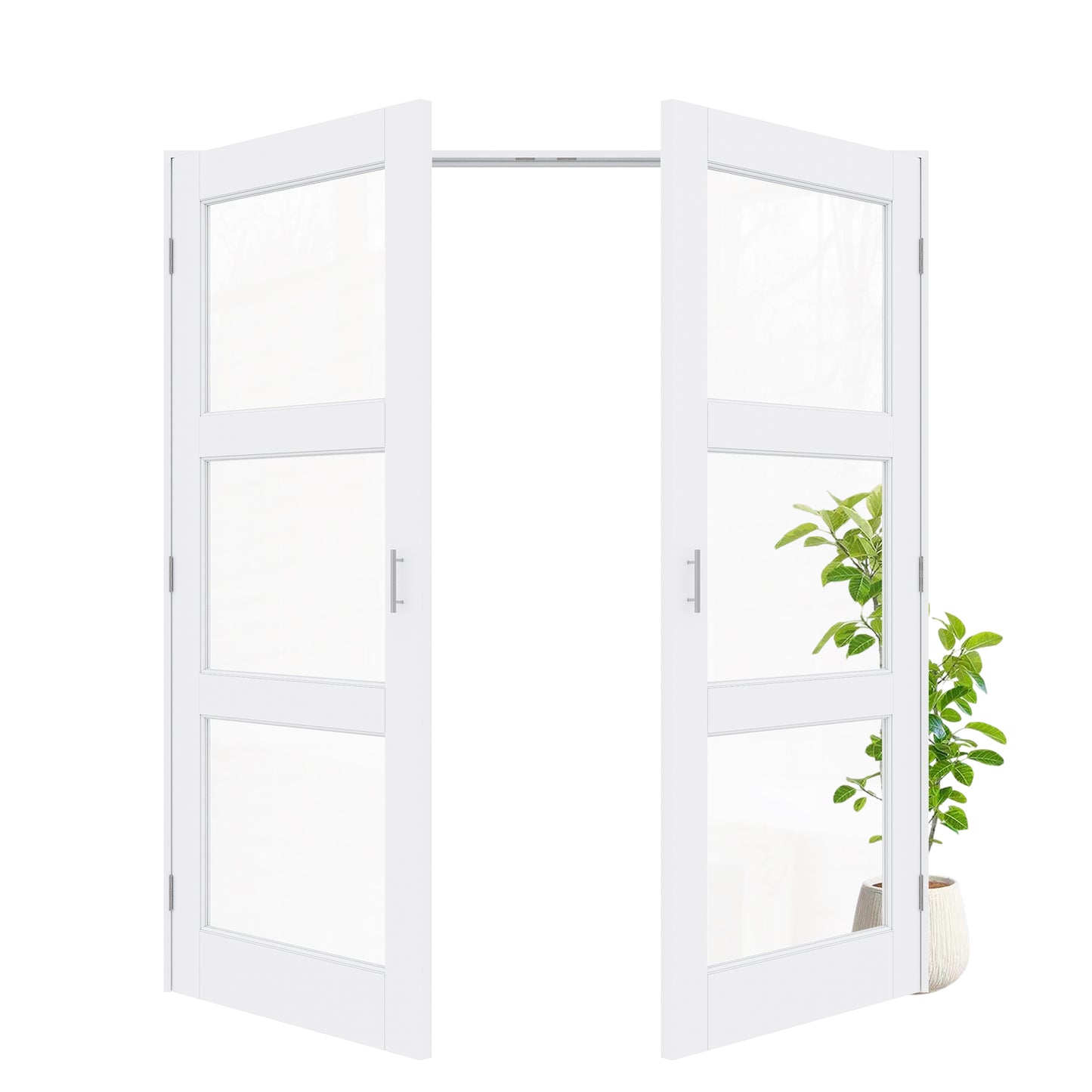 Jujubon 3-Lite Clear Glass White Solid Core Finished Glass French Door Panels with Silver Ball Catch, with Ready-to-Assemble Jamb