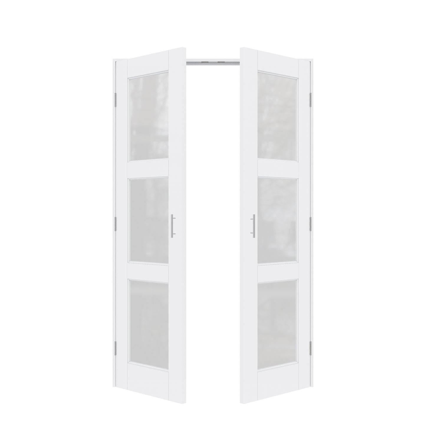 Jujubon 3-Lite Frosted Glass White Solid Core Finished Glass French Door Panels with Silver Ball Catch, with Ready-to-Assemble Jamb