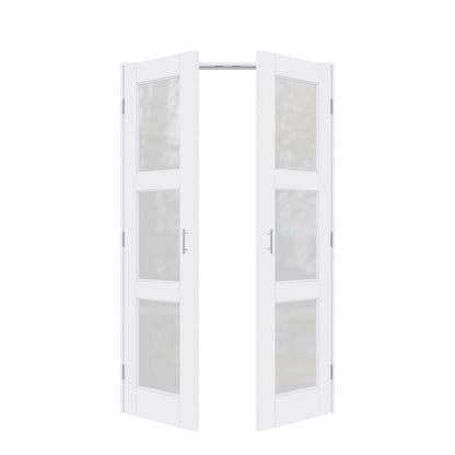 Jujubon 3-Lite Frosted Glass White Solid Core Finished Glass French Door Panels with Silver Ball Catch, with Ready-to-Assemble Jamb
