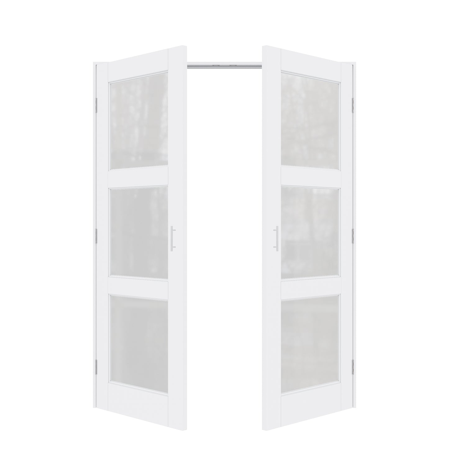 Jujubon 3-Lite Frosted Glass White Solid Core Finished Glass French Door Panels with Silver Ball Catch, with Ready-to-Assemble Jamb