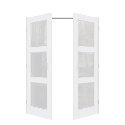 Jujubon 3-Lite Frosted Glass White Solid Core Finished Glass French Door Panels with Silver Ball Catch, with Ready-to-Assemble Jamb