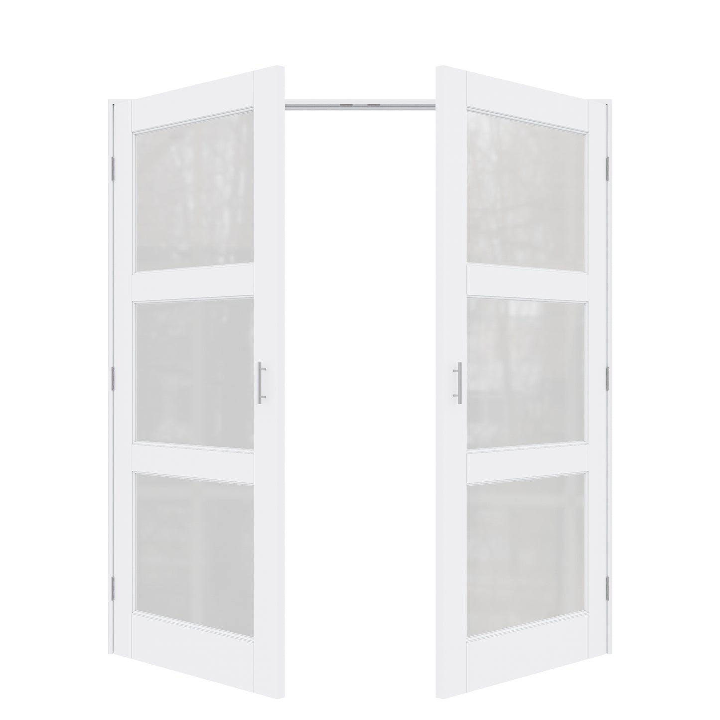 Jujubon 3-Lite Frosted Glass White Solid Core Finished Glass French Door Panels with Silver Ball Catch, with Ready-to-Assemble Jamb