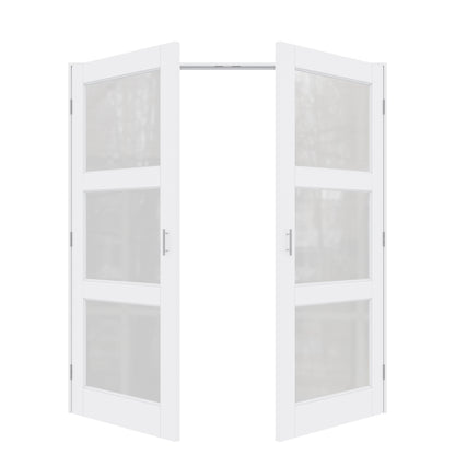 Jujubon 3-Lite Frosted Glass White Solid Core Finished Glass French Door Panels with Silver Ball Catch, with Ready-to-Assemble Jamb