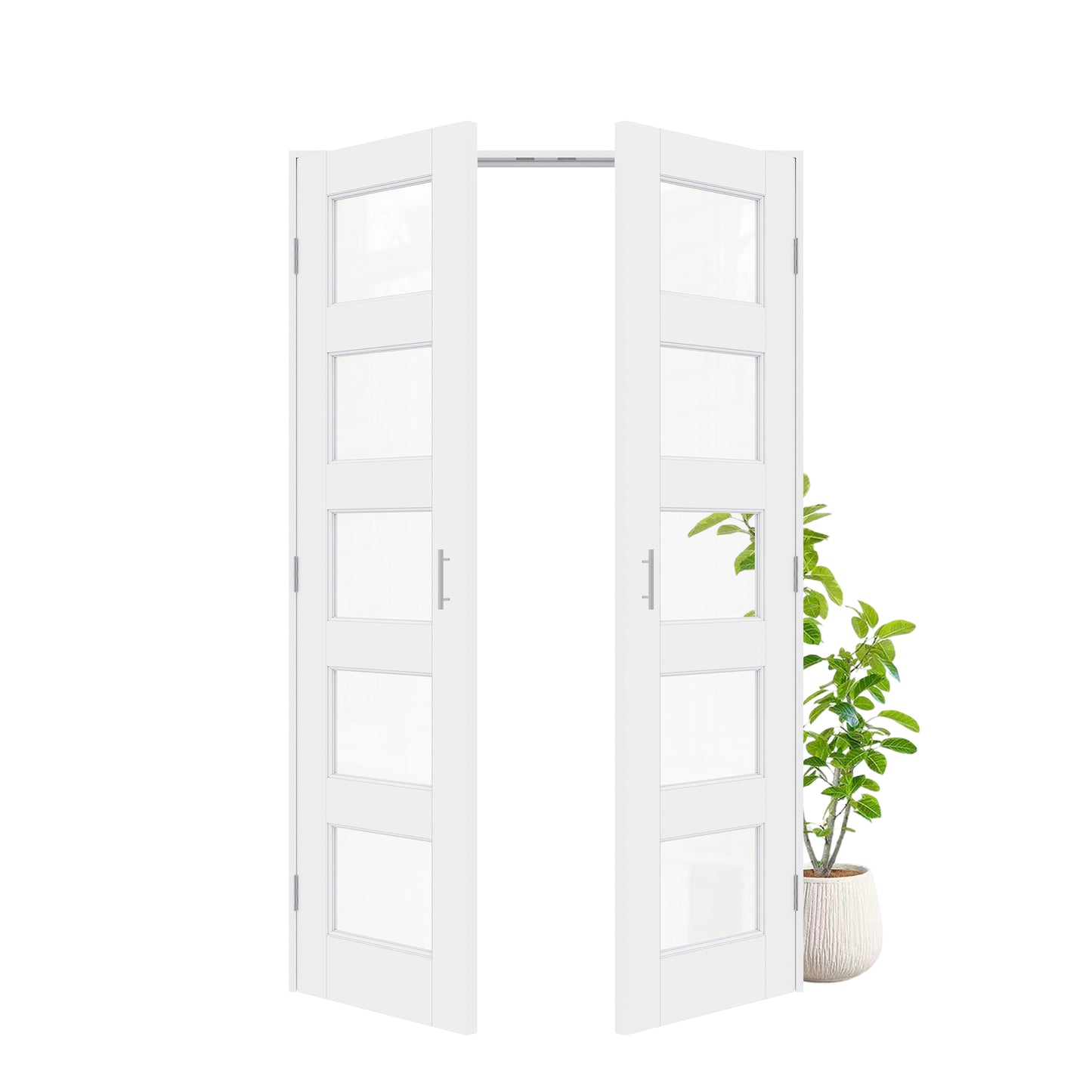 Jujubon 5-Lite Clear Glass White Solid Core Finished Glass French Door Panels with Silver Ball Catch, with Ready-to-Assemble Jamb