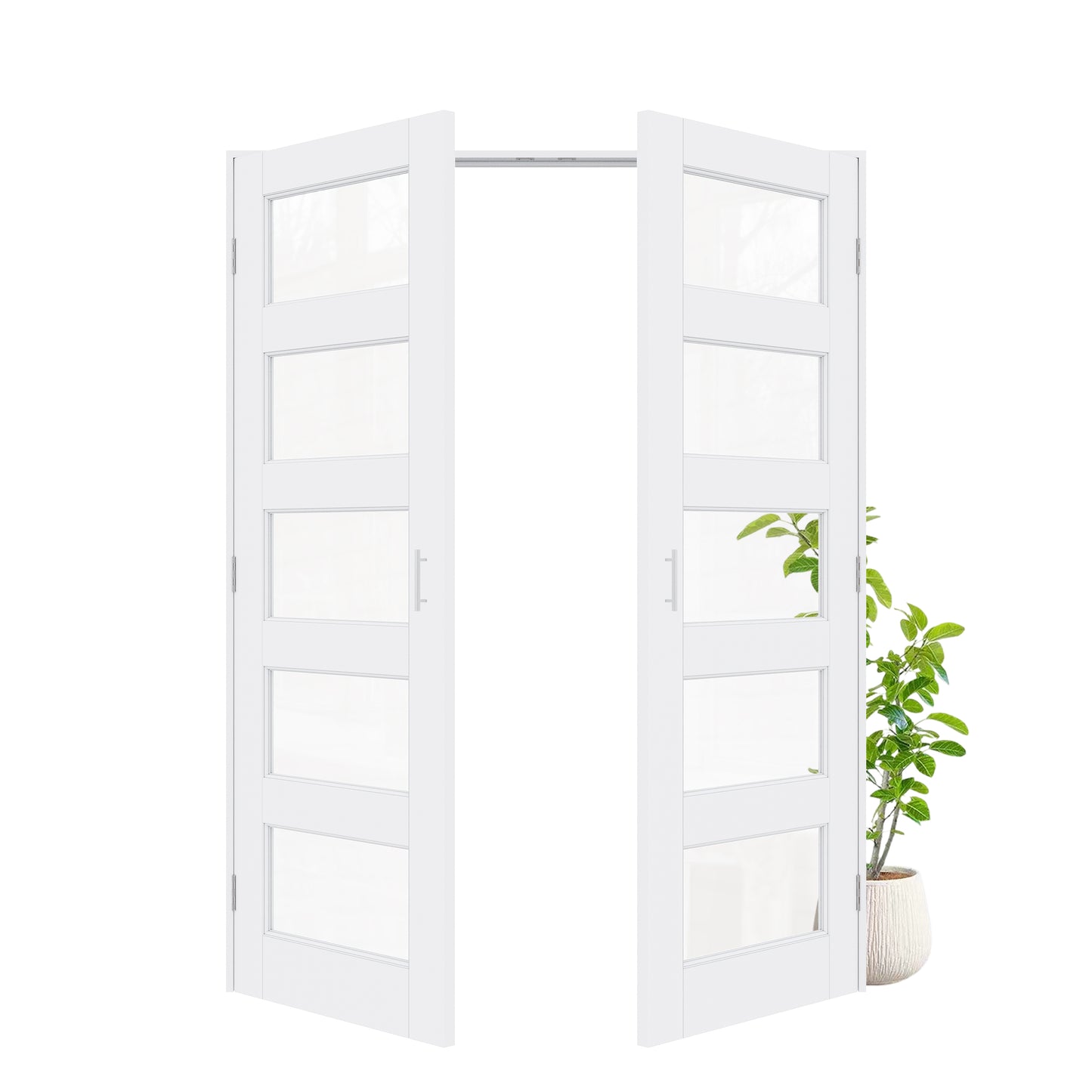 Jujubon 5-Lite Clear Glass White Solid Core Finished Glass French Door Panels with Silver Ball Catch, with Ready-to-Assemble Jamb
