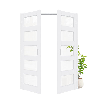 Jujubon 5-Lite Clear Glass White Solid Core Finished Glass French Door Panels with Silver Ball Catch, with Ready-to-Assemble Jamb