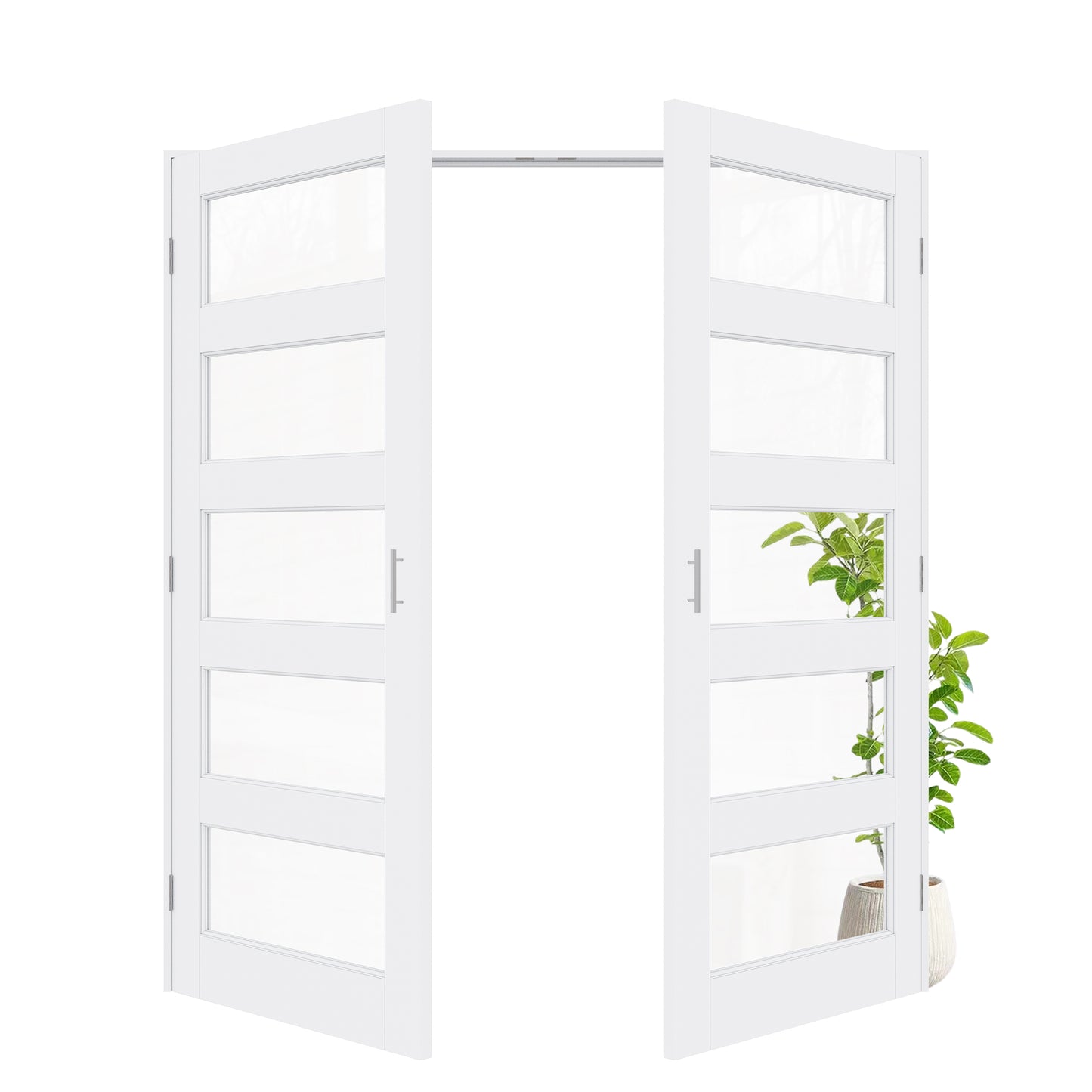 Jujubon 5-Lite Clear Glass White Solid Core Finished Glass French Door Panels with Silver Ball Catch, with Ready-to-Assemble Jamb
