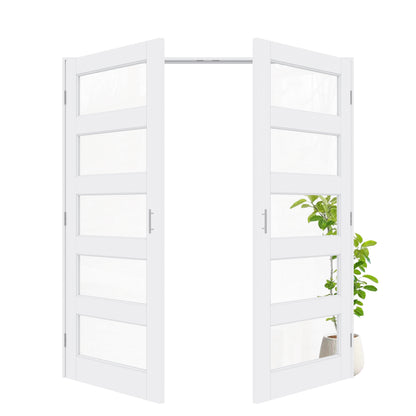 Jujubon 5-Lite Clear Glass White Solid Core Finished Glass French Door Panels with Silver Ball Catch, with Ready-to-Assemble Jamb