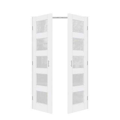 Jujubon 5-Lite Frosted Glass White Solid Core Finished Glass French Door Panels with Silver Ball Catch, with Ready-to-Assemble Jamb