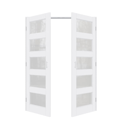 Jujubon 5-Lite Frosted Glass White Solid Core Finished Glass French Door Panels with Silver Ball Catch, with Ready-to-Assemble Jamb
