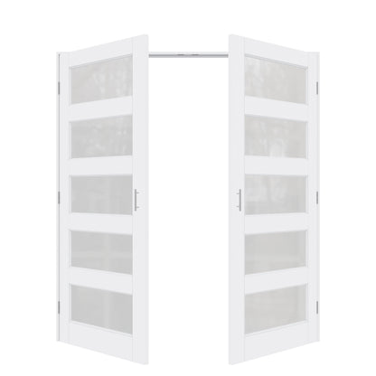Jujubon 5-Lite Frosted Glass White Solid Core Finished Glass French Door Panels with Silver Ball Catch, with Ready-to-Assemble Jamb
