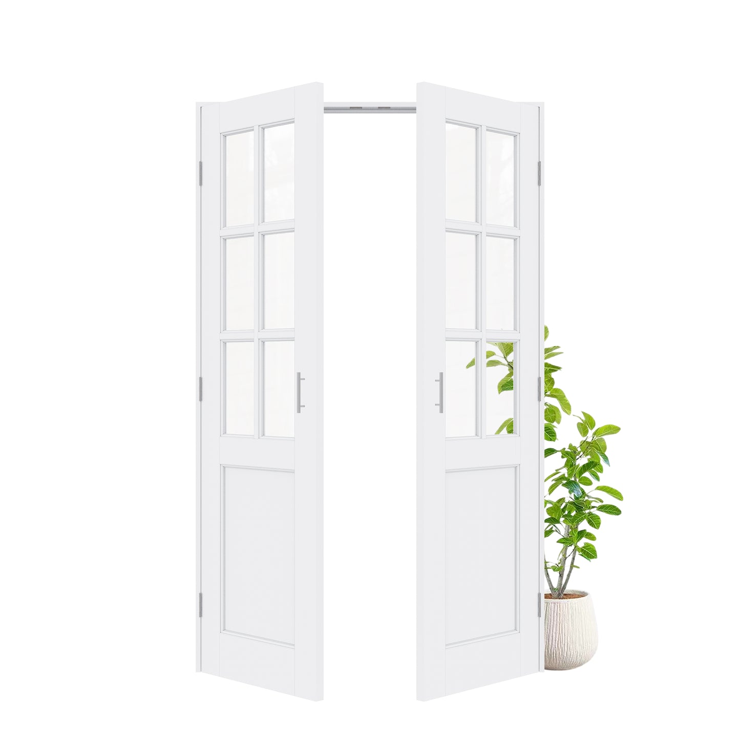 Jujubon 6-Lite Clear Glass White Solid Core Finished Glass French Door Panels with Silver Ball Catch, with Ready-to-Assemble Jamb