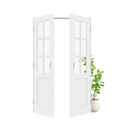Jujubon 6-Lite Clear Glass White Solid Core Finished Glass French Door Panels with Silver Ball Catch, with Ready-to-Assemble Jamb